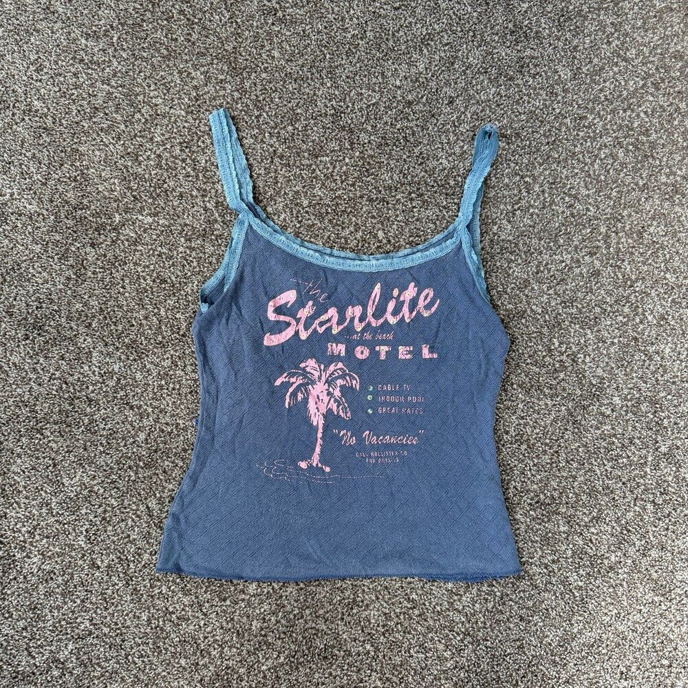 Vintage Y2K Hollister Starlite Motel Pointelle Graphic Camisole Blue Lace Trim